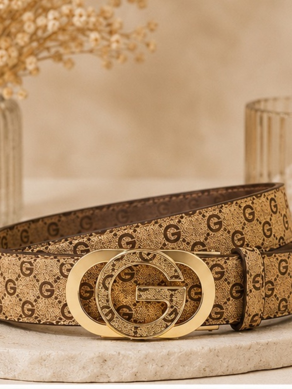 Designer Inspired Tan Monogram Gold Buckle Belt